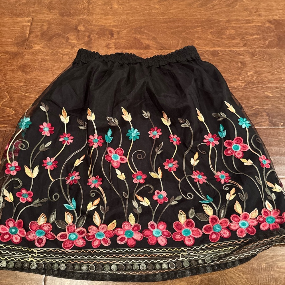 August Silk Black Skirt with Floral Embroidery